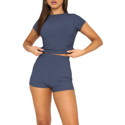 Conjunto informal de camiseta y pantalones cortos de manga corta ajustados para mujer, color liso, básico, deportivo, de verano