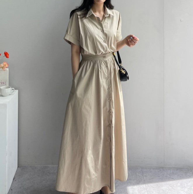 Women Casual Solid Color Loose Lasel Single-Breasted Long Shirt Dress