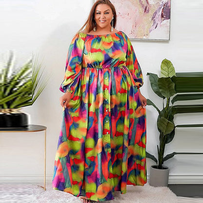 Women Fashion Casual Tie-Dye Printing Long Sleeve Large Size Dress