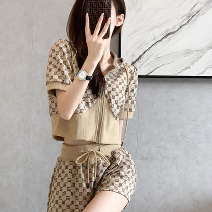 Conjunto de dos piezas informal de verano para mujer, con capucha, manga corta, cremallera, pantalones cortos de pierna ancha