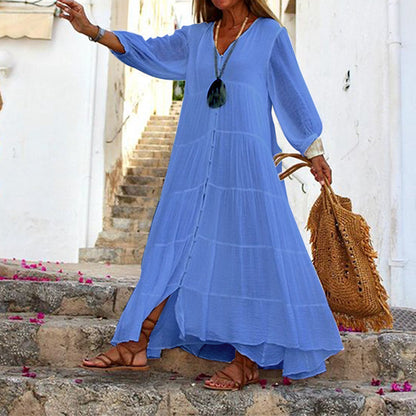 Summer Women Casual Solid Color Bohemian V-Neck Long Sleeve Cotton And Linen Maxi Dress