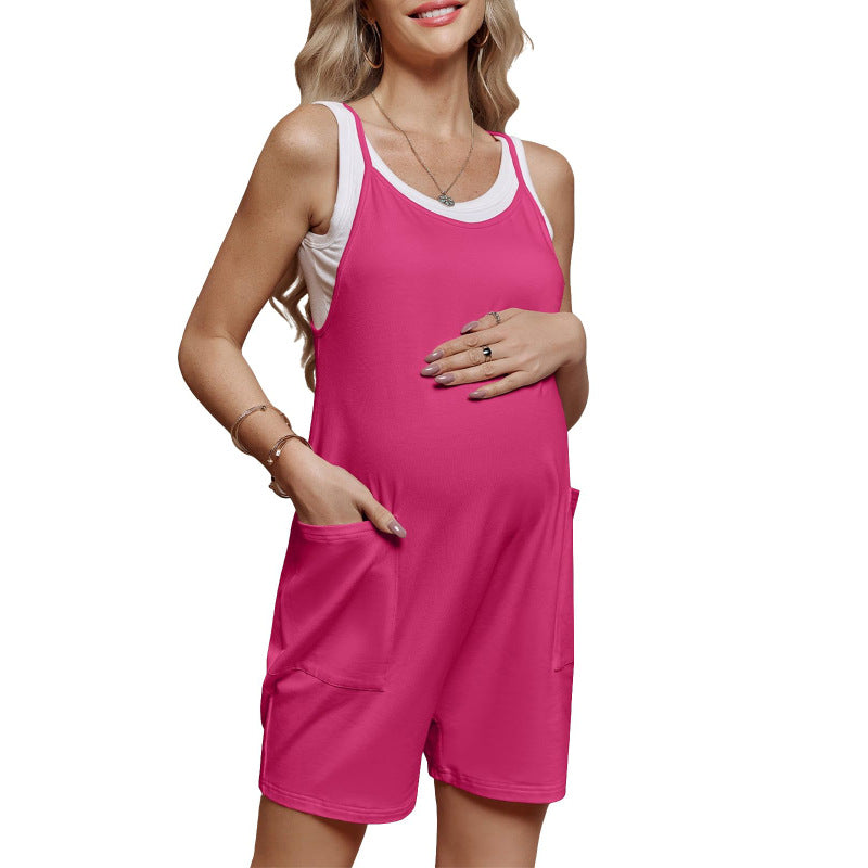Women Casual Loose Sleeveless Suspender Pregnant Solid Color Pocket Maternity Rompers