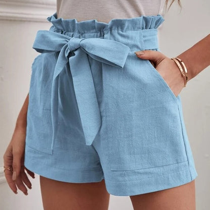 Women Casual Linen Solid Color Loose Pocket High Waist Shorts
