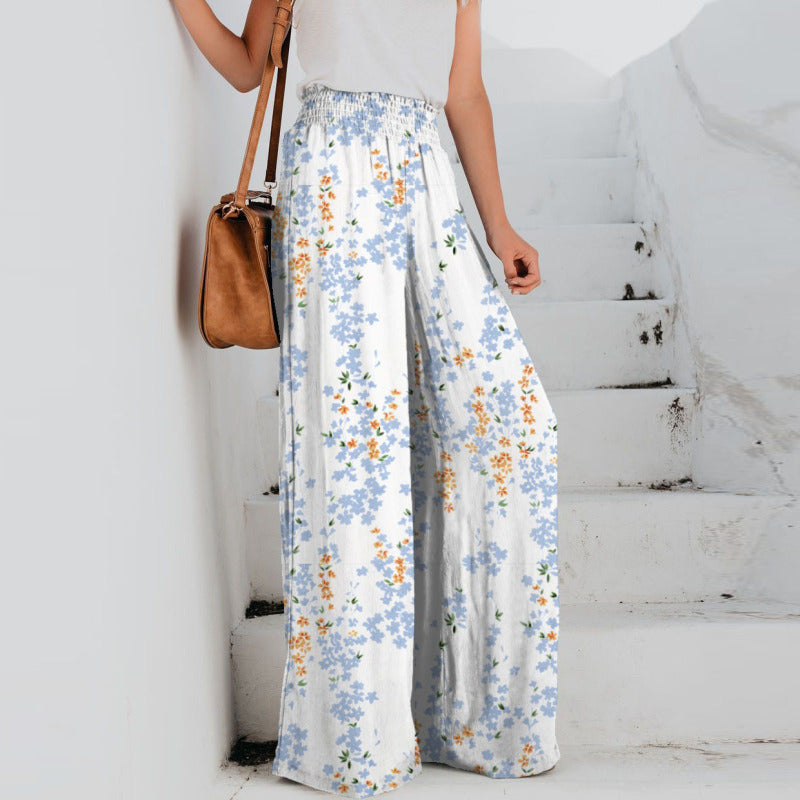 Pantalones anchos con cintura elástica y estampado floral informal para mujer