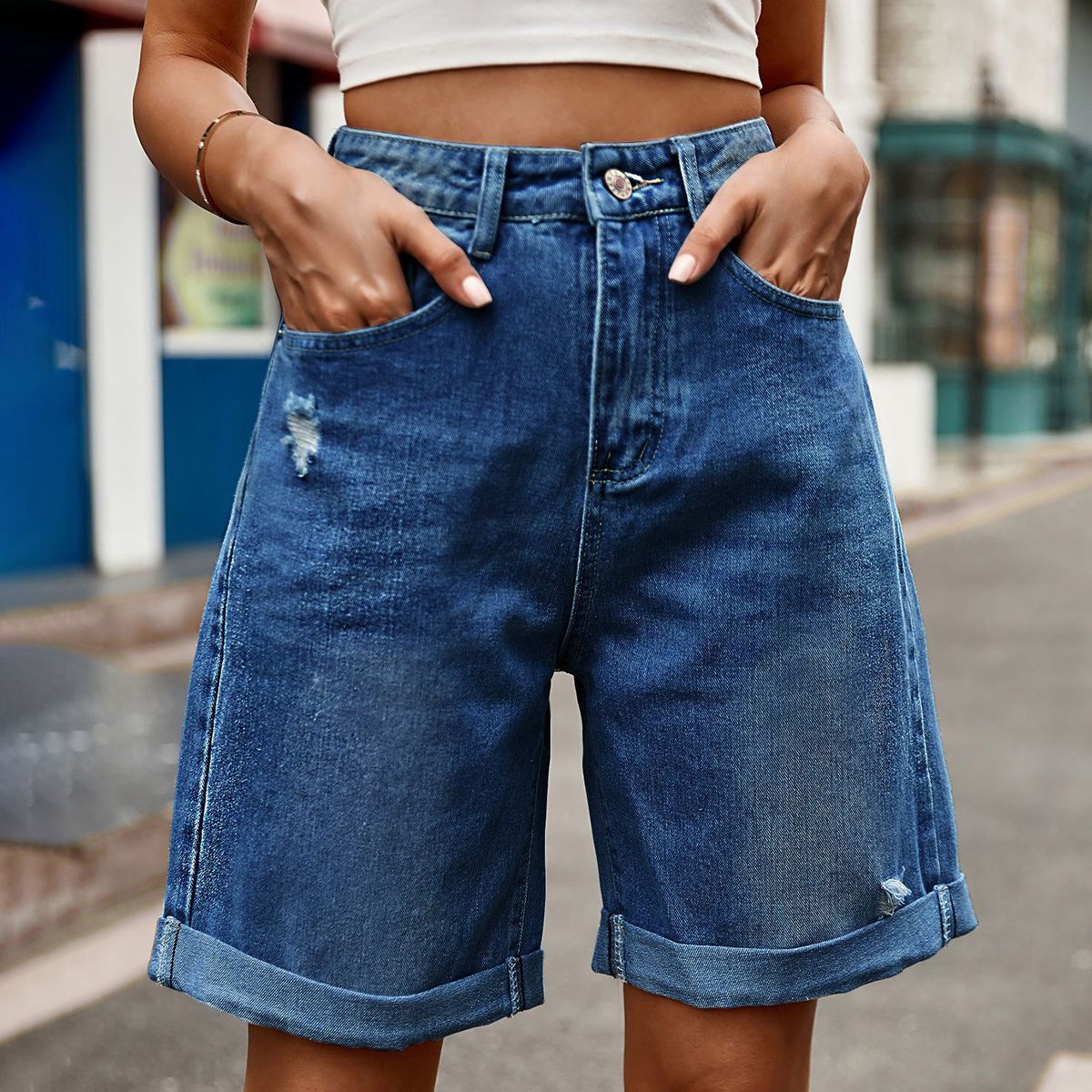 Women Casual Ripped Cropped Denim Shorts