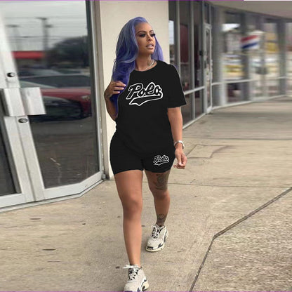 Conjunto de 2 piezas de pantalones cortos ajustados de manga corta con cuello redondo y estampado de letras de color sólido para mujer