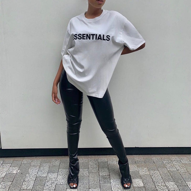 Women Casual PU Leather Solid Color Side-slit High Waist Pants