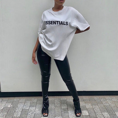 Women Casual PU Leather Solid Color Side-slit High Waist Pants