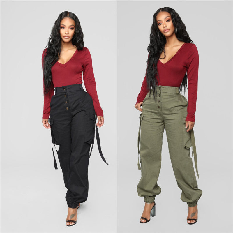 Pantalones deportivos casuales de cintura media con botones y múltiples bolsillos para mujer