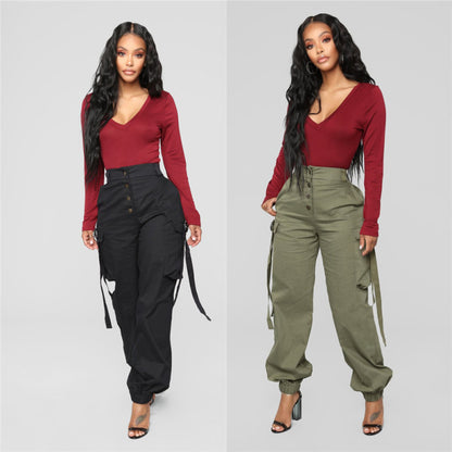 Pantalones deportivos casuales de cintura media con botones y múltiples bolsillos para mujer