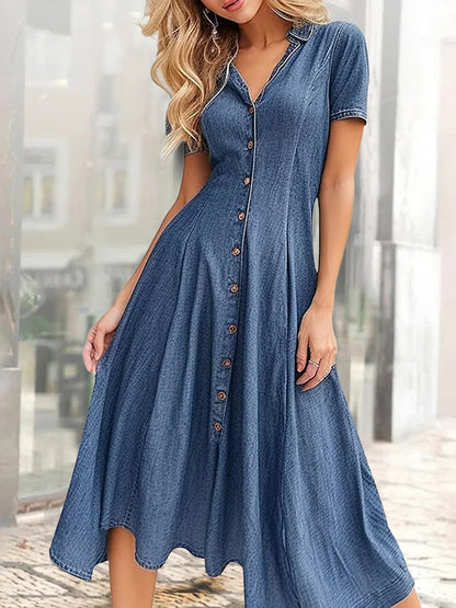 Women Fashion Casual V-Neck Short Sleeve Denim Dress