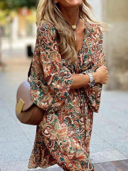 Women Elegant V Neck Vintage Bohemian Printed Casual Loose Waist Long Sleeve A Line Mini Summer Dress