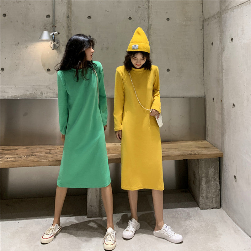 Women Fashion Casual Solid Color Loose Round Neck Long Sleeve Dress