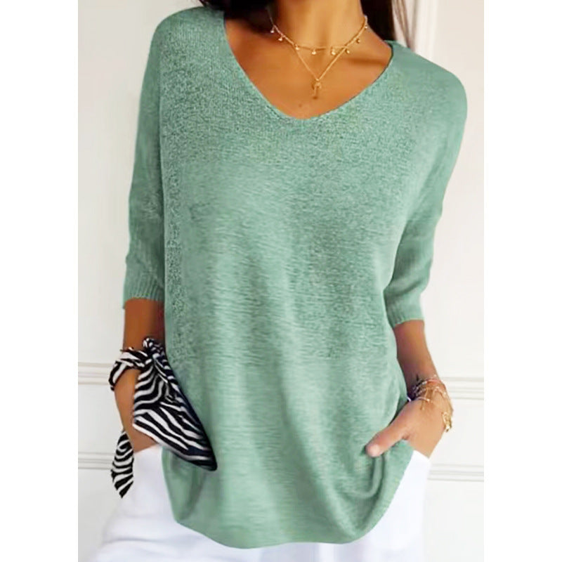 Women Fashion Casual V-Neck Solid Color Knit Sweater