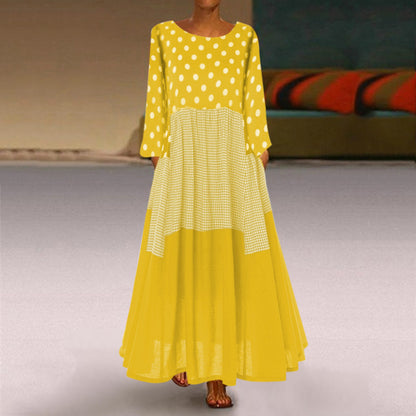 Plus Size Women Elegant Casual Round Neck Polka Dot Long Sleeves Color Blocking Patchwork Dress