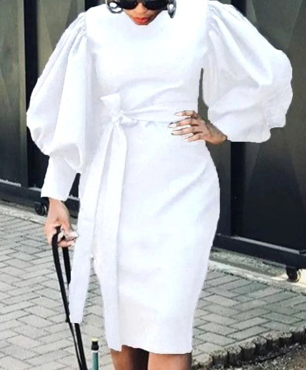 Vestido midi informal ajustado con cuello redondo y mangas abullonadas para mujer