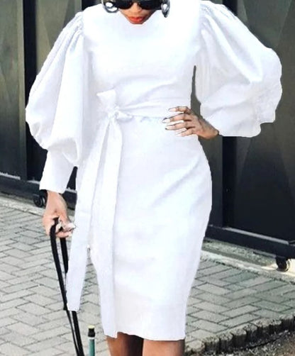 Vestido midi informal ajustado con cuello redondo y mangas abullonadas para mujer