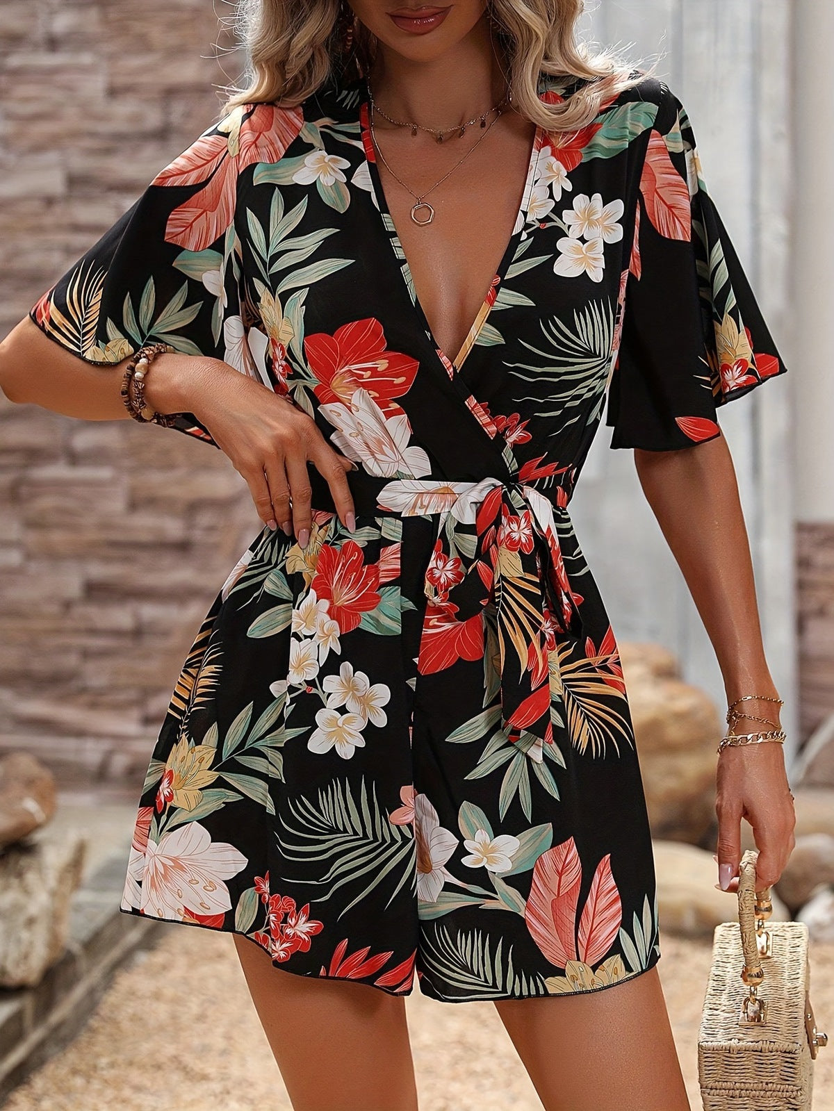 Women Casual Vacation Printed V-Neck Lotus Sleeve Loose Lace-Up Rompers