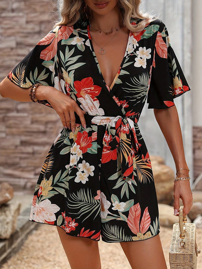 Women Casual Vacation Printed V-Neck Lotus Sleeve Loose Lace-Up Rompers