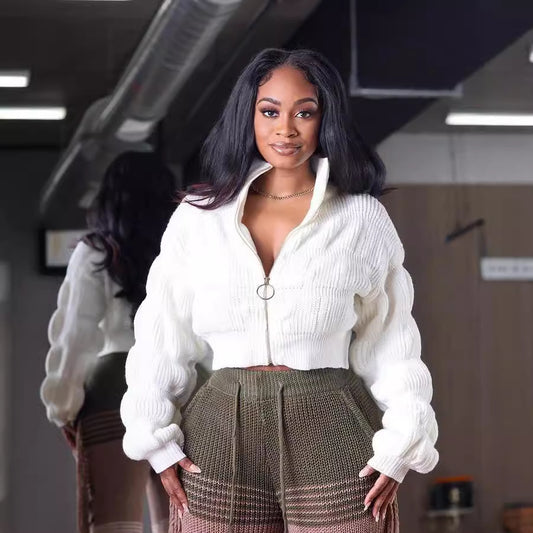 Women Casual Loose Solid Color Zipper Lapel Knitted Sweater