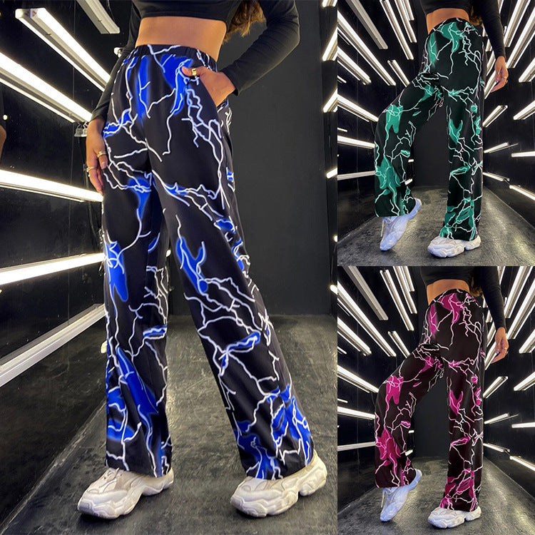 Women Fashion Casual Lightning Priningt Loose Straight-Leg Pants