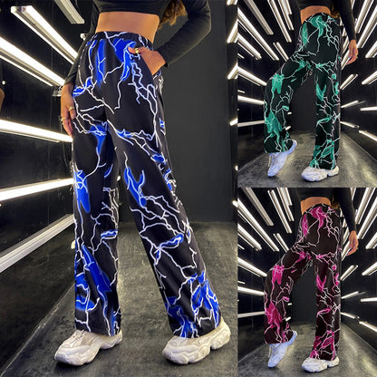Women Fashion Casual Lightning Priningt Loose Straight-Leg Pants