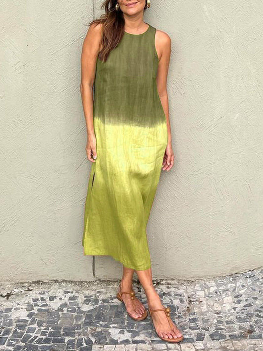 Vestido midi informal de verano para mujer, de algodón y lino, sin mangas, con abertura lateral y color degradado
