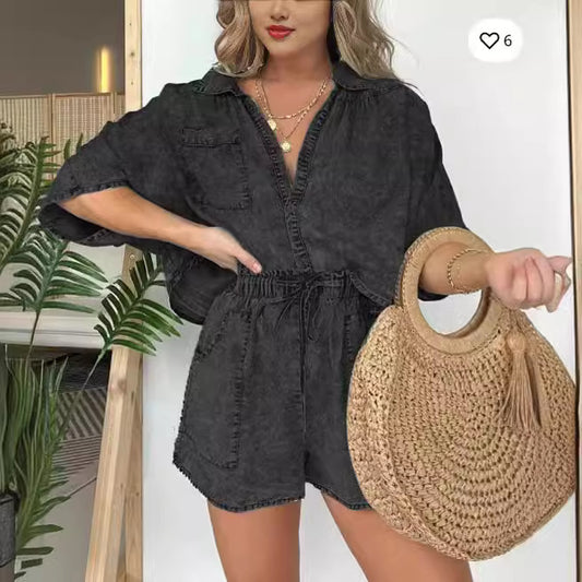 Conjunto de dos piezas de pantalones cortos casuales, holgados y cómodos para mujer
