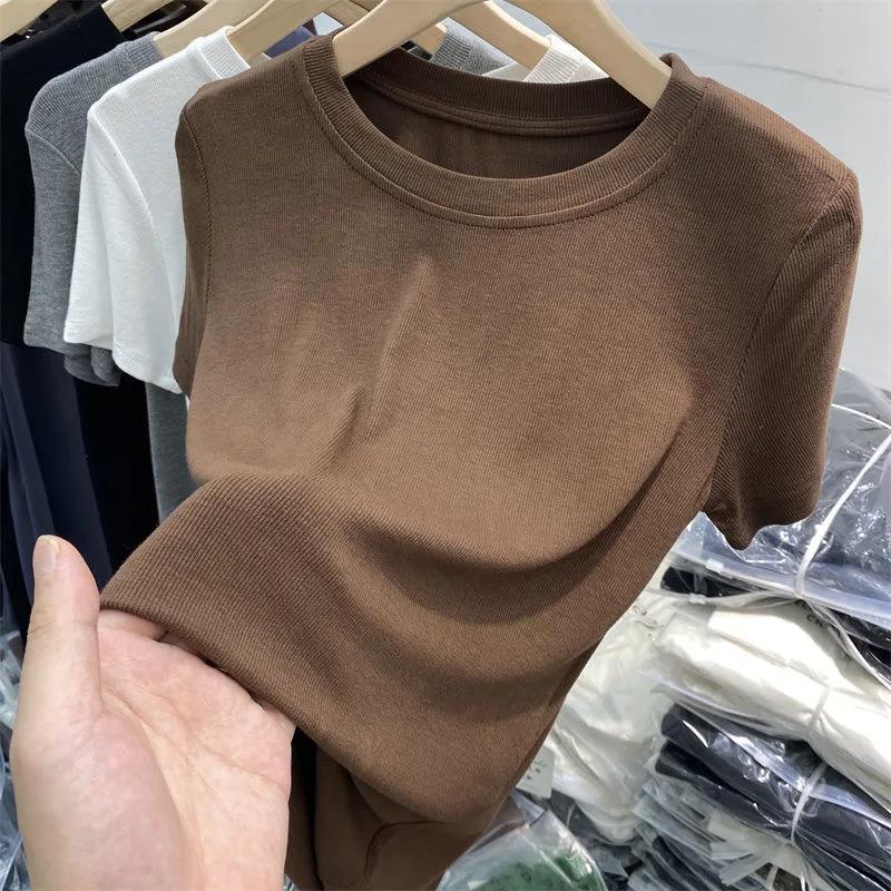 Summer Women Casual Solid Color Tight Thread Short Sleeve Blank T-Shirt
