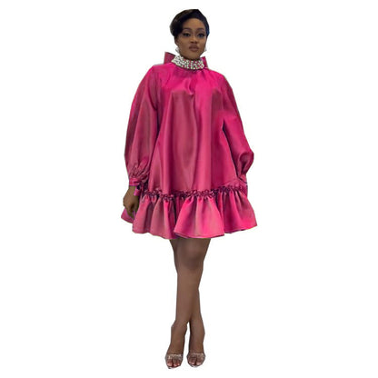 Women Casual Loose Solid Color Long Sleeve Pearl Bowknot Dress
