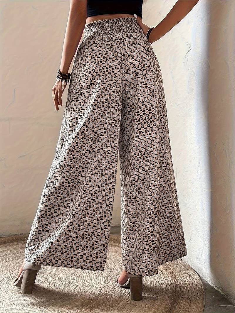 Women Casual Loose Leopard Drawstring High Waist Wide Leg Pants