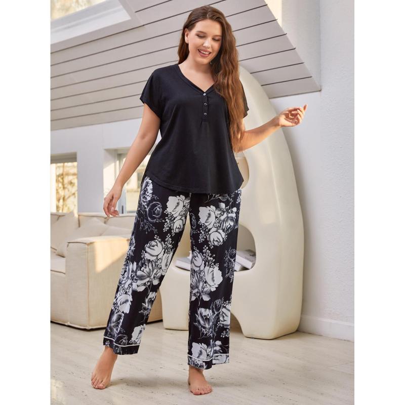 Conjunto de pijama informal de manga corta y pantalón de talla grande para mujer