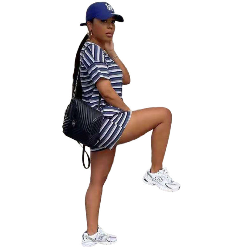 Conjunto deportivo informal de manga corta con estampado de rayas para mujer
