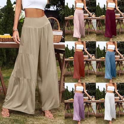 Pantalones anchos de lino y algodón de cintura alta informales de verano para mujer