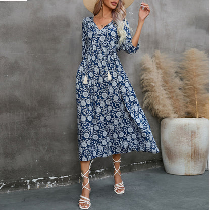 Spring And Summer Women'S Casual High Waist Floral Print V-Neck Half-Sleeve Bohemian Loose Vacation Beach Dress