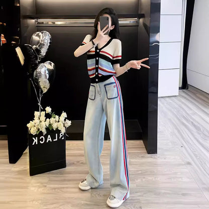 Conjunto de dos piezas de jeans rectos holgados con parte superior de punto de color contrastante informal para mujer