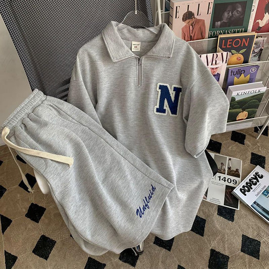 Conjunto deportivo informal de polo holgado de manga corta y pantalones cortos con cordón para mujer