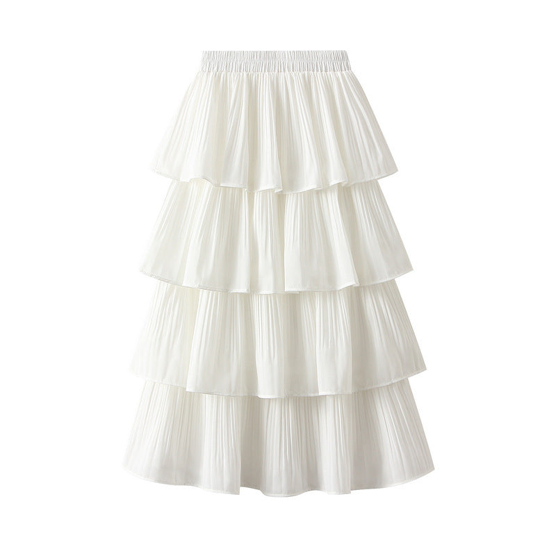 Women Casual Solid Color Stitching Pleated Skirt
