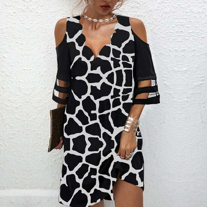 Vestido mini holgado informal de verano para mujer, elegante, de manga corta, con escote en V y hombros descubiertos, de malla y retazos