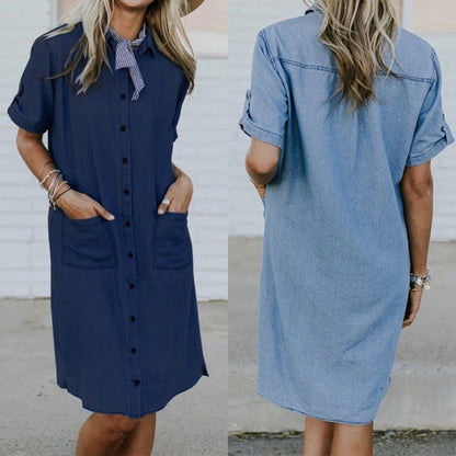 Women Solid Denim Lapel Short Sleeve Button Pocket Loose Casual Dress