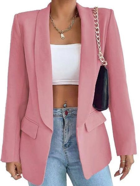 Chaqueta blazer informal de manga larga con solapa de color liso para mujer