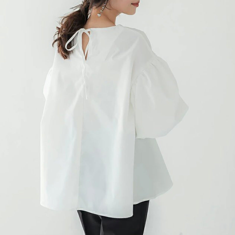 Blusa informal holgada con mangas abullonadas, cuello redondo, color liso, elegante para oficina para mujer