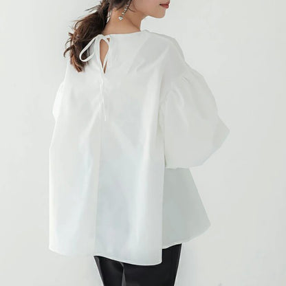 Blusa informal holgada con mangas abullonadas, cuello redondo, color liso, elegante para oficina para mujer