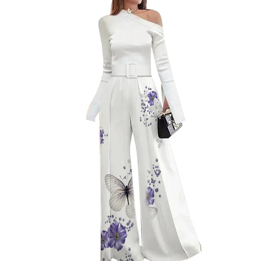 Women Printed Diagonal Neck Long Sleeve Off Shoulder Casual One Piece Wide Leg Jumpsuit