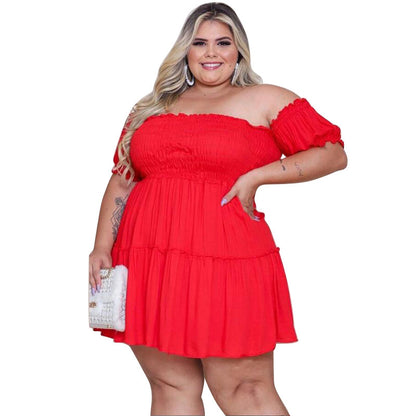 Women Fashion Casual Solid Color Off-Shoulder Plus Size Dress