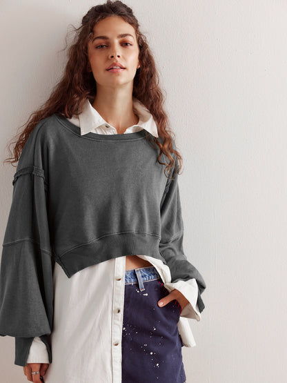 Sudadera corta informal de manga larga con cuello redondo y color liso para mujer