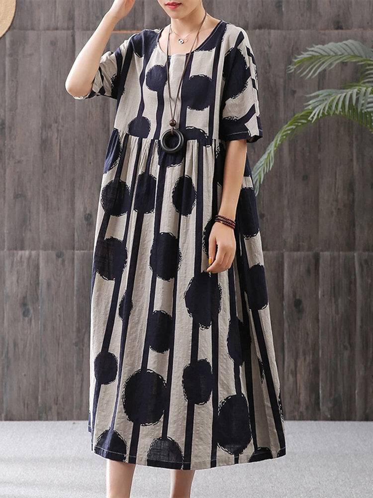 Women Casual Elegant Polka Dot Print Round Neck Short Sleeves Plus Size Loose Dress