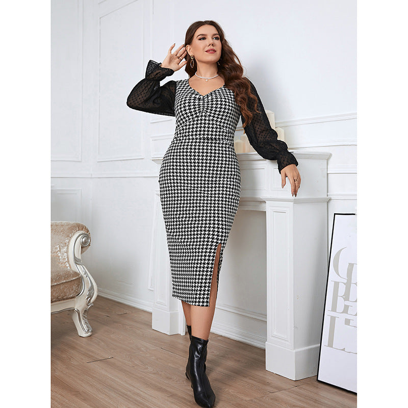 Women Casual Elegant Mesh Long Sleeve Houndstooth V Neck Side Slit Midi Work Dress