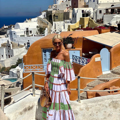 Summer Women Casual Stripe Off Shoulder Short-Sleeved Ruffle Boho Vacation Maxidress