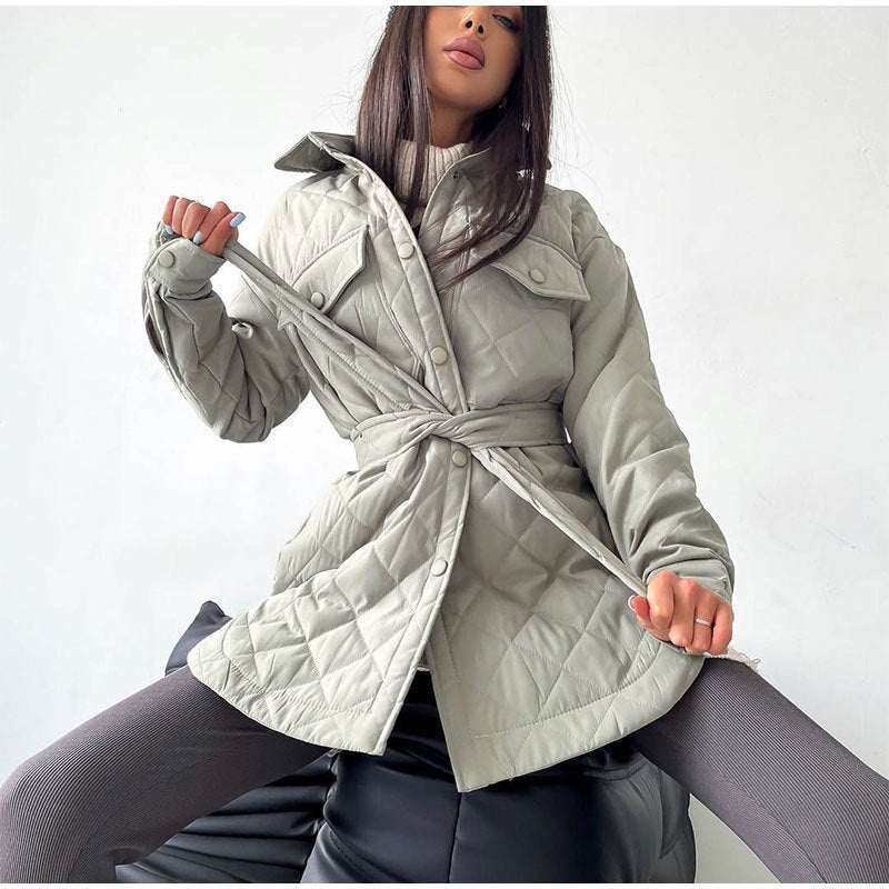 Autumn Winter Women Fashion Casual Loose-Breasted Lapel Warm Rhombic Quilted Jacket Coat